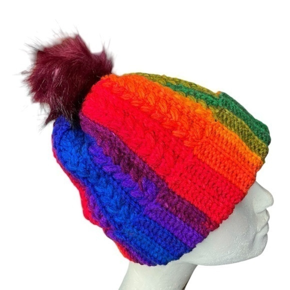 Handcrafted Crochet Multicolor Winter Hat Snowy Wheat Knit Beanie with Pom Pom
